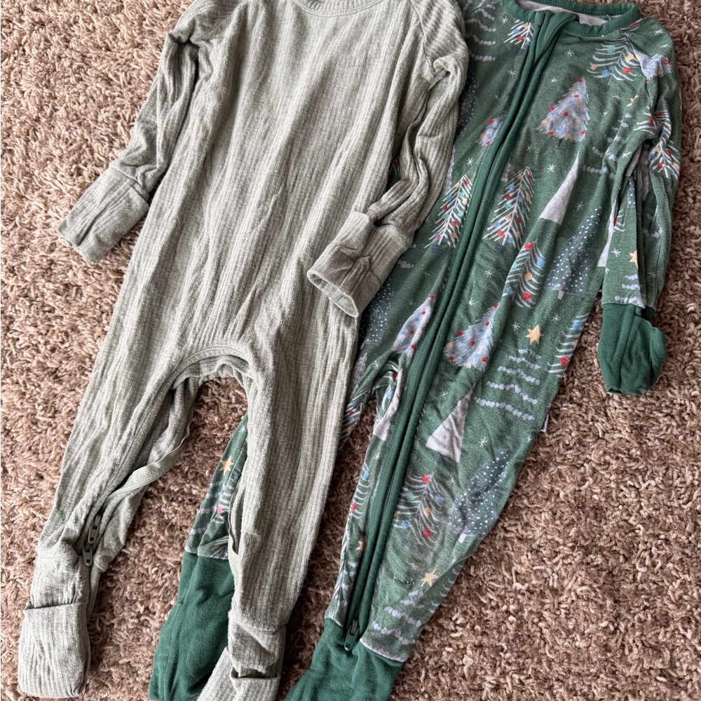 Little Sleepies Green Ribbed and Holiday Tree Print One-Piece Footies